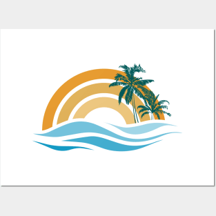 Palms sunset waves Posters and Art